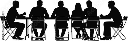 Silhouettes of business people sitting at meeting table, teamwork discussion scene, corporate group communication illustration for design, presentation, professional concept use
