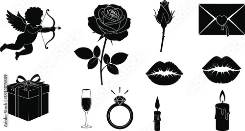 set of silhouettes of flowers for valentines day