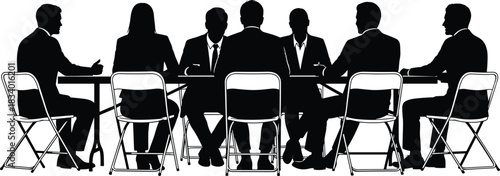 Silhouettes of business professionals sitting at conference table, corporate meeting discussion scene, teamwork group communication illustration for design and presentation use