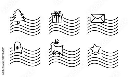 set hand-drawn stamps for Christmas letters with wavy lines. collection includes Christmas tree, gift, an envelope, mitten, reindeer, star. Perfect for holiday postcards, stickers, decorative mailings