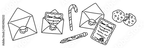 set of Christmas letters for Santa. Collection stages. Envelopes, letter, sugar cane, cookie, pen, and wax stamp. Perfect for creating seasonal designs, greeting cards, and postal themes