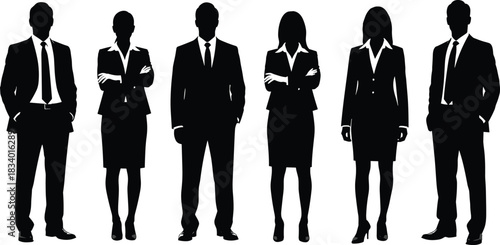 Silhouettes of business professionals standing in formal attire, corporate team group illustration, confident men and women poses for design, branding, presentation use