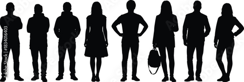 Silhouettes of diverse men and women standing in various poses, isolated black human outlines, group people figures for design and illustration use