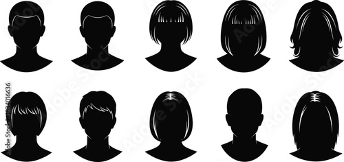 Silhouettes of male and female head profiles with various hairstyles, isolated black hair icons, hairstyle collection for design, branding, illustration use