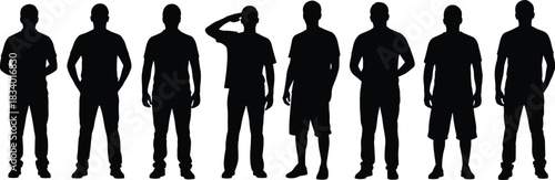 Silhouettes of men standing in different poses, casual male figure collection, isolated human outlines for design, illustration, artwork, reference use