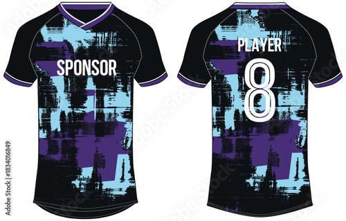 Sports jersey t shirt and shorts kit design flat sketch illustration, Grunge texture V neck raglan sleeve Football jersey kit concept with front and back view for Soccer, Cricket, Volleyball uniform