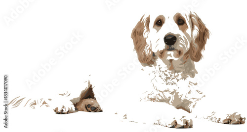 PrintHighly Detailed Vector Illustration of a White and Brown Spaniel Dog Lying Down, Ideal for Veterinary Clinics, Pet Services, and Animal Portrait Graphics