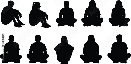 Silhouettes of people sitting cross legged in relaxed poses, isolated human figure collection for design, illustration, posture reference, creative artwork use