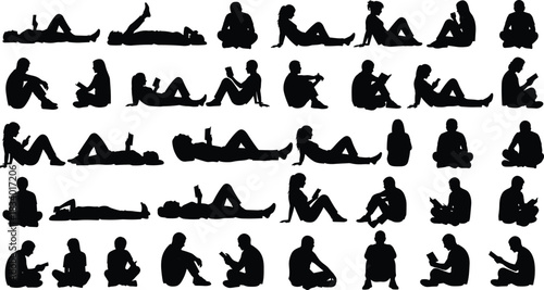 Silhouettes of people sitting, reading, relaxing on ground, diverse poses collection, isolated human figures for design, illustration, lifestyle concept artwork use