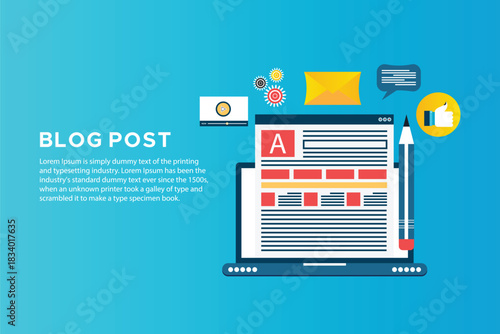 Content Creation Illustration of a person writing a blog post on a laptop, representing content creation, blogging, writing,