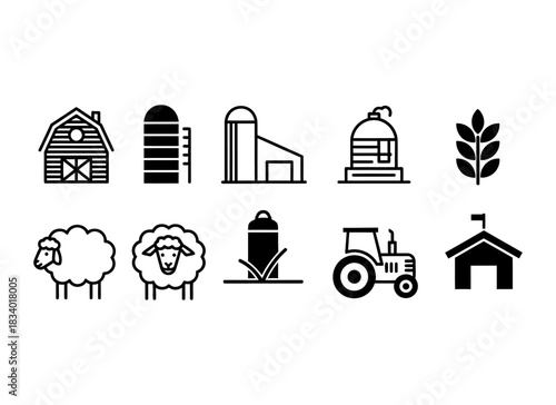 A collection of minimalist line art icons depicting farm-related elements: barn, silos, wheat, sheep, tractor, and shed.