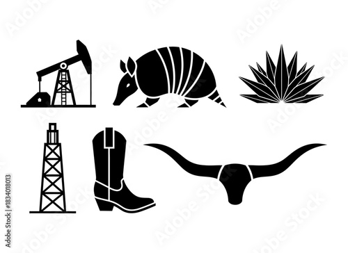 A collection of black vector icons representing Texas symbols: oil pump, armadillo, agave plant, oil rig, cowboy boot, and longhorn skull.