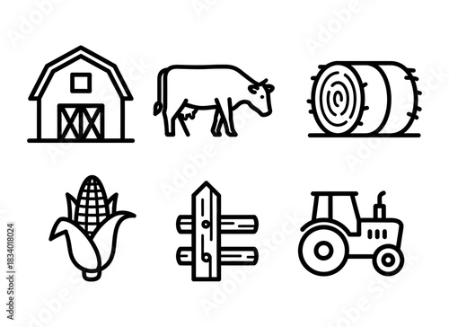 Collection of farm icons including a barn, cow, hay bale, corn, fence, and tractor in a simple line art style.