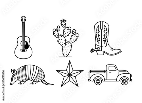 Line art illustration featuring Texas symbols: guitar, cactus, cowboy boot, armadillo, star, and pickup truck.