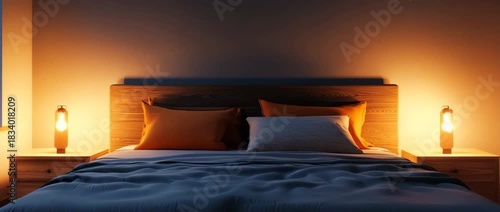 Dark bedroom interior with a central bed and wooden headboard Warm table lamps on nightstands cast orange light highlighting the dark blue duvet and stacked pillows