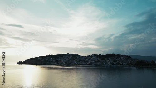 Scenic view of the morning sky over the town of Ohrid and its massive lake, 4k