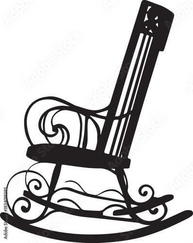 Elegant black metal rocking chair with ornate scrollwork on white background