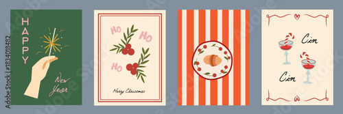 Christmas card designs set. Modern winter template cute hand drawn vector with hand, cake, dessert elements. Vintage italian whimsical style. La dolce Vita. Cin cin