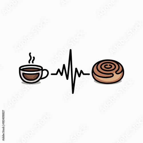 A steaming cup of coffee and a cinnamon roll are connected by a stylized heartbeat line, suggesting the energizing vitality that these morning staples bring.