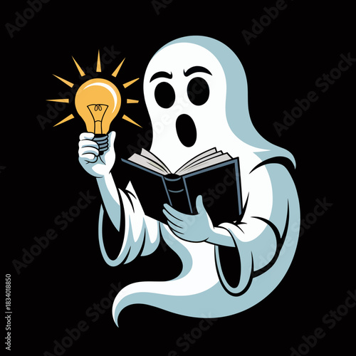 A cartoon ghost holds a glowing lightbulb in one hand while reading a book with the other.