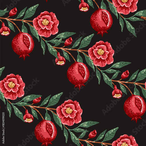 Seamless pattern for fabric with pomegranate branch and fruit on dark black background