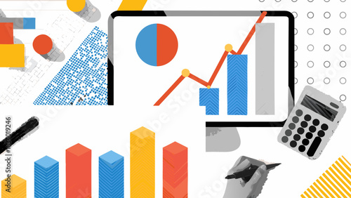 Illustration of a monitor displaying a pie chart and line graph with calculator and hand writing