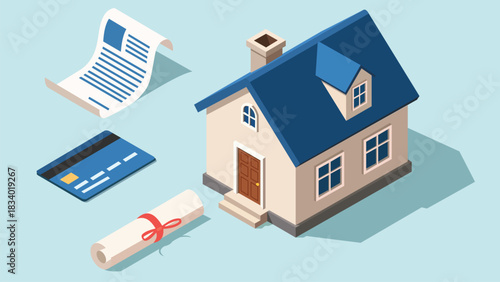 Isometric illustration of a house, a document, a credit card, and a scroll