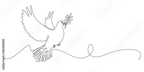 Continuous line flying dove carrying an olive branch in its beak.symbolizing peace,hope,and harmony.Single line illustration suitable for spiritual themes, humanitarian concepts, freedom designs.