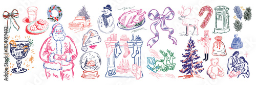 Hand drawn christmas doodle collection featuring festive icons, winter elements and classic holiday illustrations