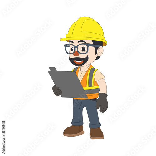 The supervisor wears a hard hat and holds a file to observe the work.