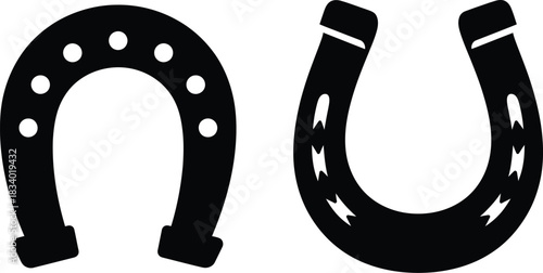 Multiple horseshoe icons traditional good luck symbols various styles lucky charms success emblems black silhouettes transparent background