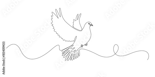 Continuous line drawing of a flying dove with wings spread gracefully.symbolizing peace, freedom, and hope. Single-line illustration suitable for spiritual themes, calm designs, nature concepts.