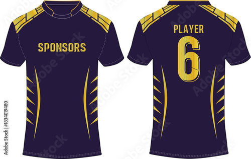 Sports t-shirt jersey design vector template, Purple and gold sports jersey with front and back view for Soccer, Cricket, Football Jersey design Concept
