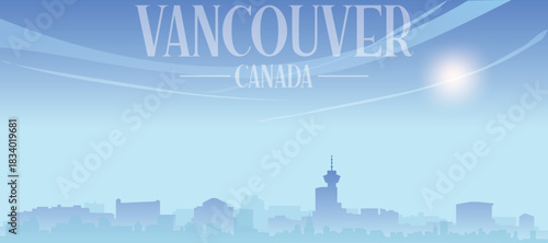 Blue panoramic poster of the city skyline with misty background buildings and clouds of VANCOUVER, CANADA