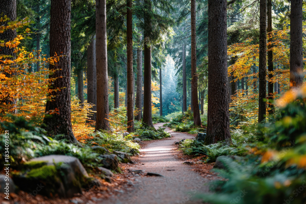 Naklejka premium Autumn Forest Path with Sunlight and Colorful Trees
