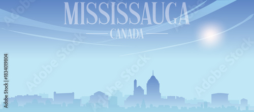 Blue panoramic poster of the city skyline with misty background buildings and clouds of MISSISSAUGA, CANADA