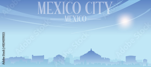 Blue panoramic poster of the city skyline with misty background buildings and clouds of MEXICO CITY, MEXICO