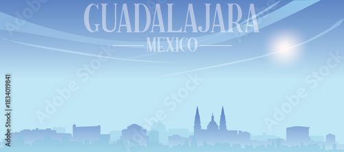Blue panoramic poster of the city skyline with misty background buildings and clouds of GUADALAJARA, MEXICO