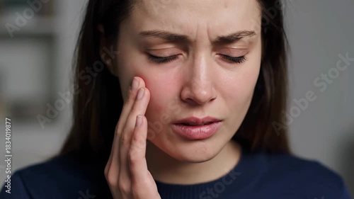 Distressed woman with red inflamed cheek and painful expression due to facial skin irritation