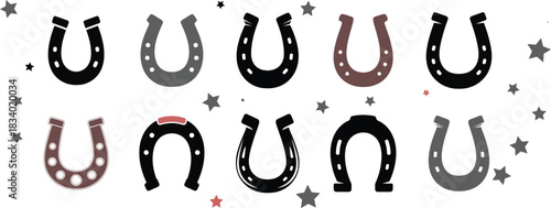 Collection of horseshoe silhouettes in various colors and designs vector graphics lucky charm symbol wild west icon western emblem traditional rustic object