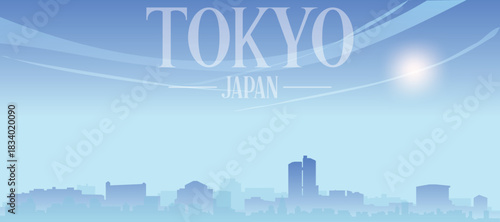 Blue panoramic poster of the city skyline with misty background buildings and clouds of TOKYO, JAPAN