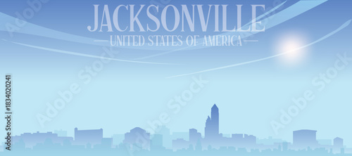 Blue panoramic poster of the city skyline with misty background buildings and clouds of JACKSONVILLE, UNITED STATES