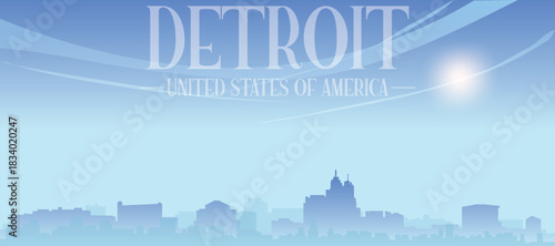 Blue panoramic poster of the city skyline with misty background buildings and clouds of DETROIT, UNITED STATES
