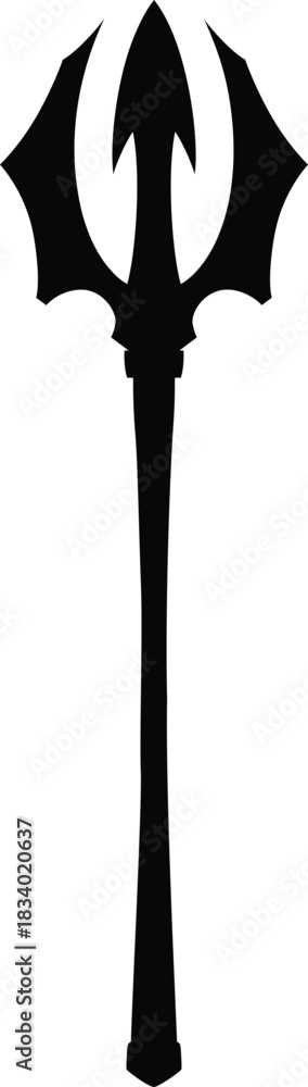 Obraz premium Cartoon antique trident black silhouette, blade saber with long handle, game old weapon, ancient warrior, wizard props