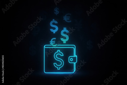Glowing dollar and euro symbols fall and enter the wallet, the concept of digital finance and currency exchange in an easy and futuristic way.