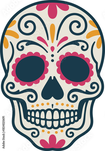 Ornate sugar skull vector illustration for Day of the Dead celebration with colorful floral patterns and traditional Mexican folk art style
