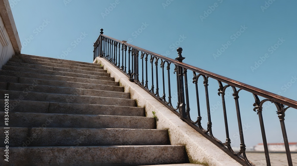 Obraz premium A solid stone staircase with intricate metal railings ascends under a bright midday sun against a clear blue sky