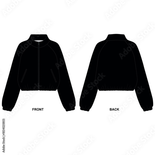 Vector illustration of a fashionable black windbreaker jacket, front and back views. Sketch of a casual zippered jacket with sleeves. Design template for a cropped lightweight jacket. 