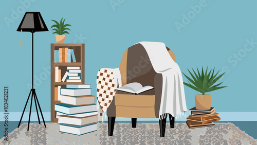 Cozy reading nook featuring an armchair, books, plants, and a floor lamp against a blue wall backdrop