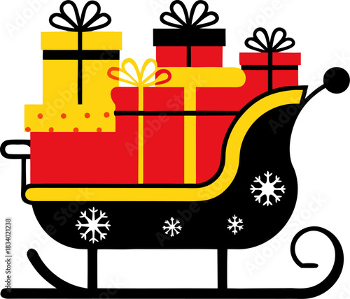 Christmas Santa Claus sleigh with gift boxes with bows. Holiday presents in red and yellow sledge with snowflake.